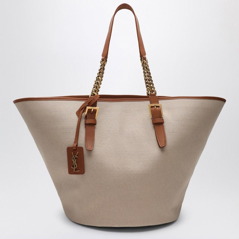 SAINT LAURENT Desert-Colored Shoulder Handbag in Canvas and Leather