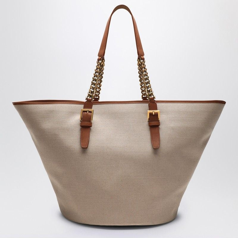 SAINT LAURENT Desert-Colored Shoulder Handbag in Canvas and Leather