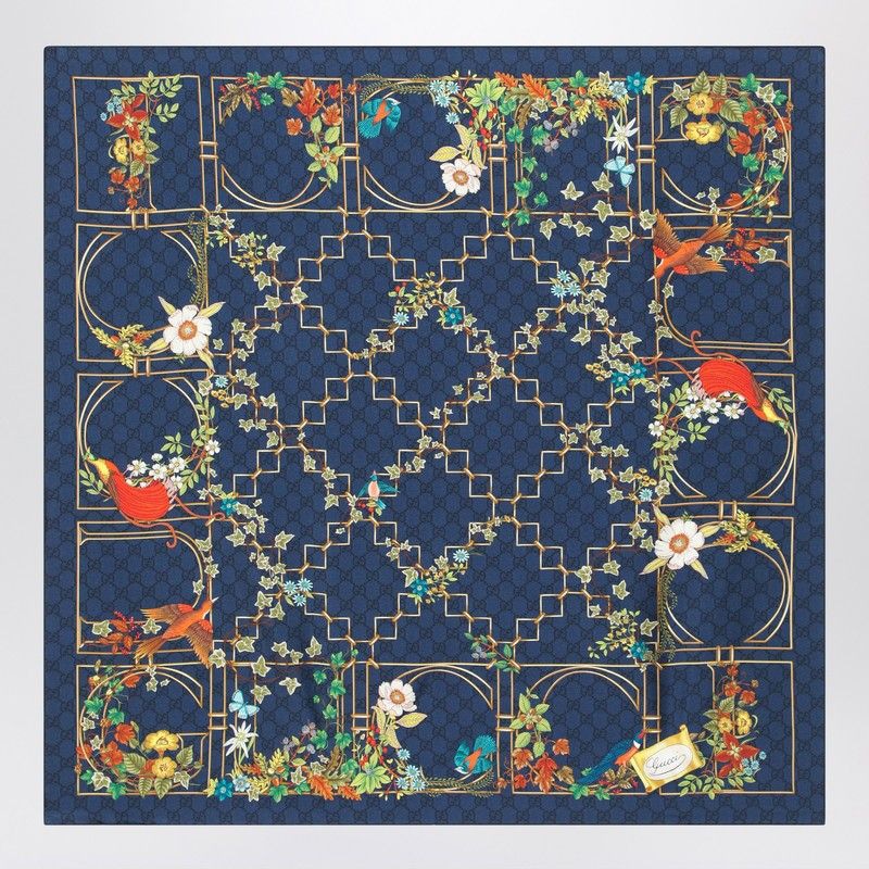 GUCCI Silk Scarf with Vibrant Flora and Animal Print