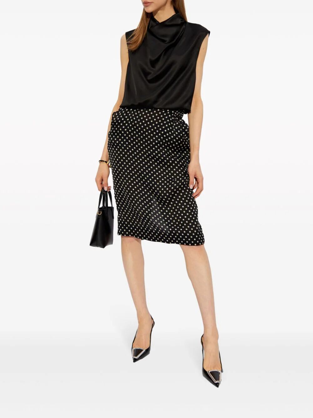 SAINT LAURENT Dotted Silk Charmeuse Pencil Skirt