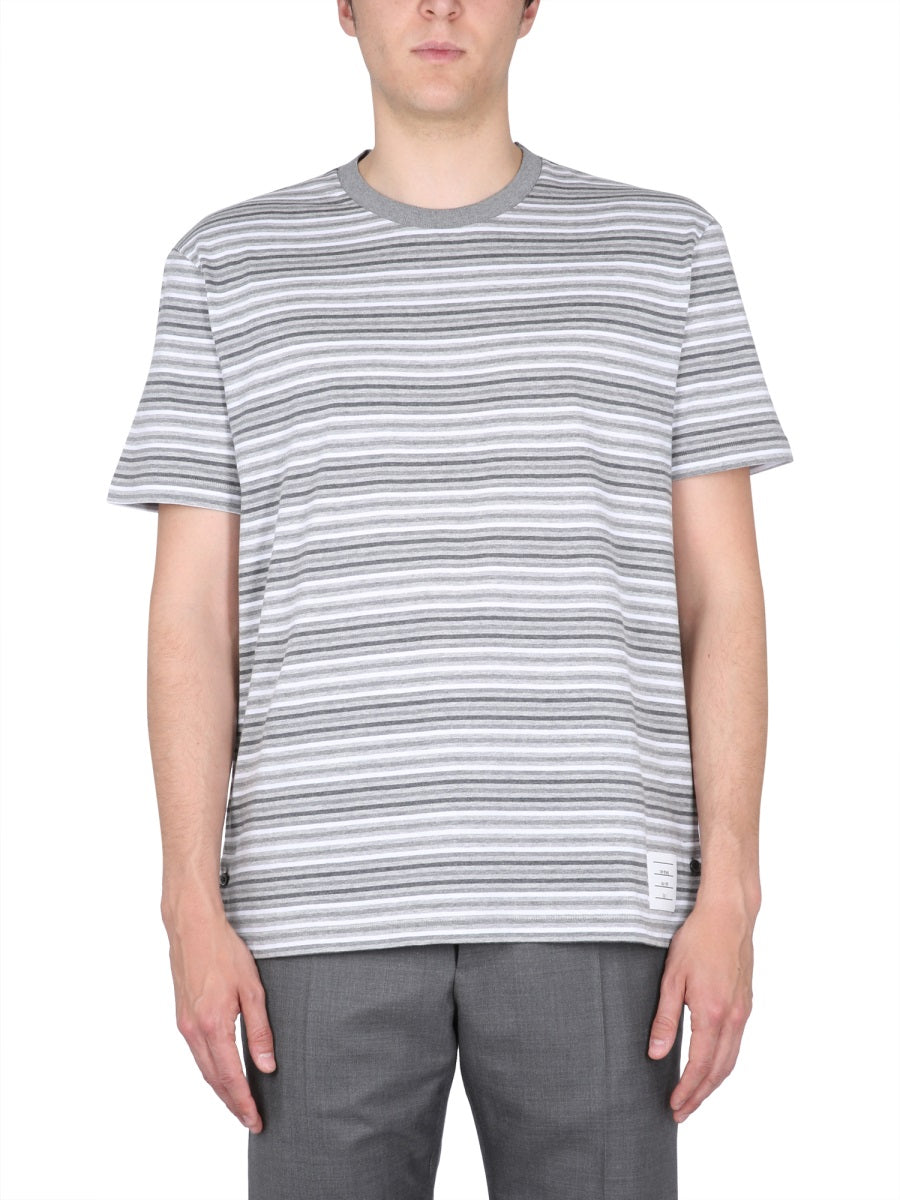 THOM BROWNE Striped T-Shirt with Logo Patch and Grosgrain Tab
