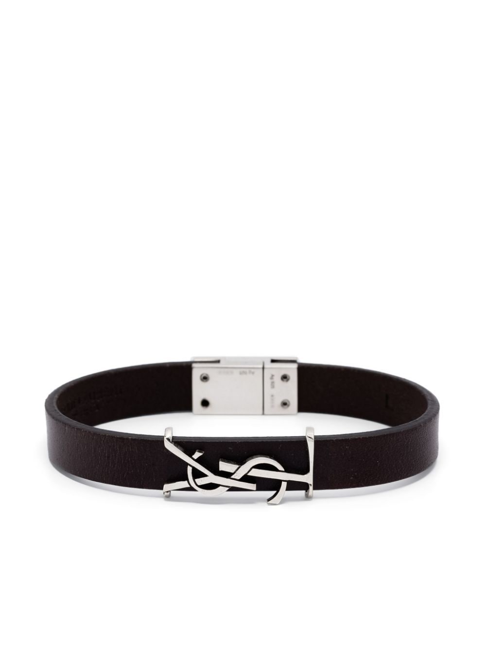 SAINT LAURENT Leather Bracelet with Sterling Silver Logo Plaque Closure