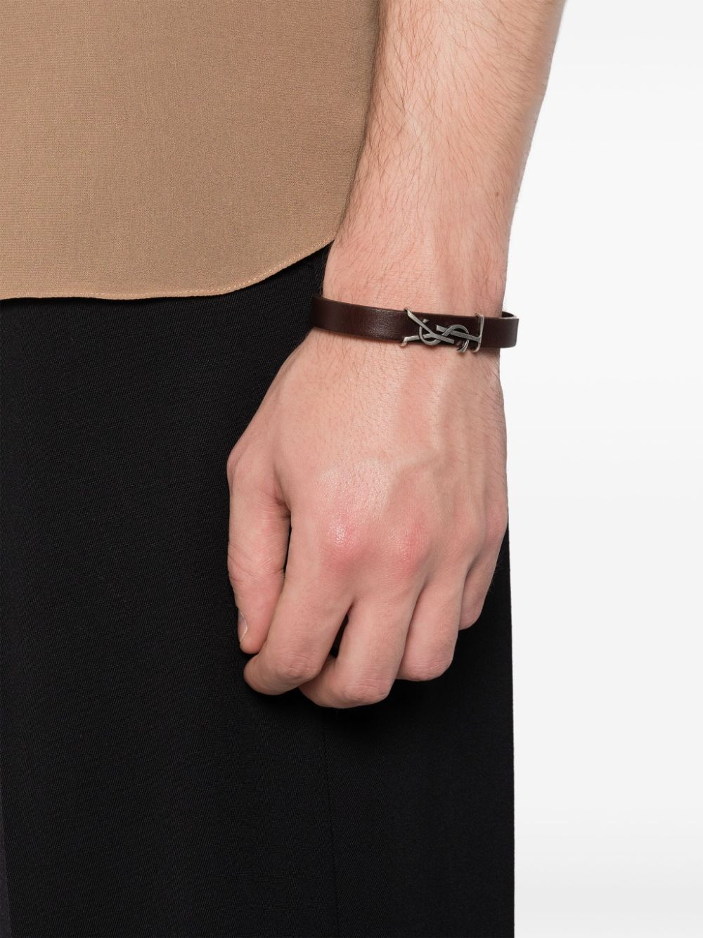SAINT LAURENT Leather Bracelet with Sterling Silver Logo Plaque Closure