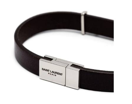 SAINT LAURENT Leather Bracelet with Sterling Silver Logo Plaque Closure