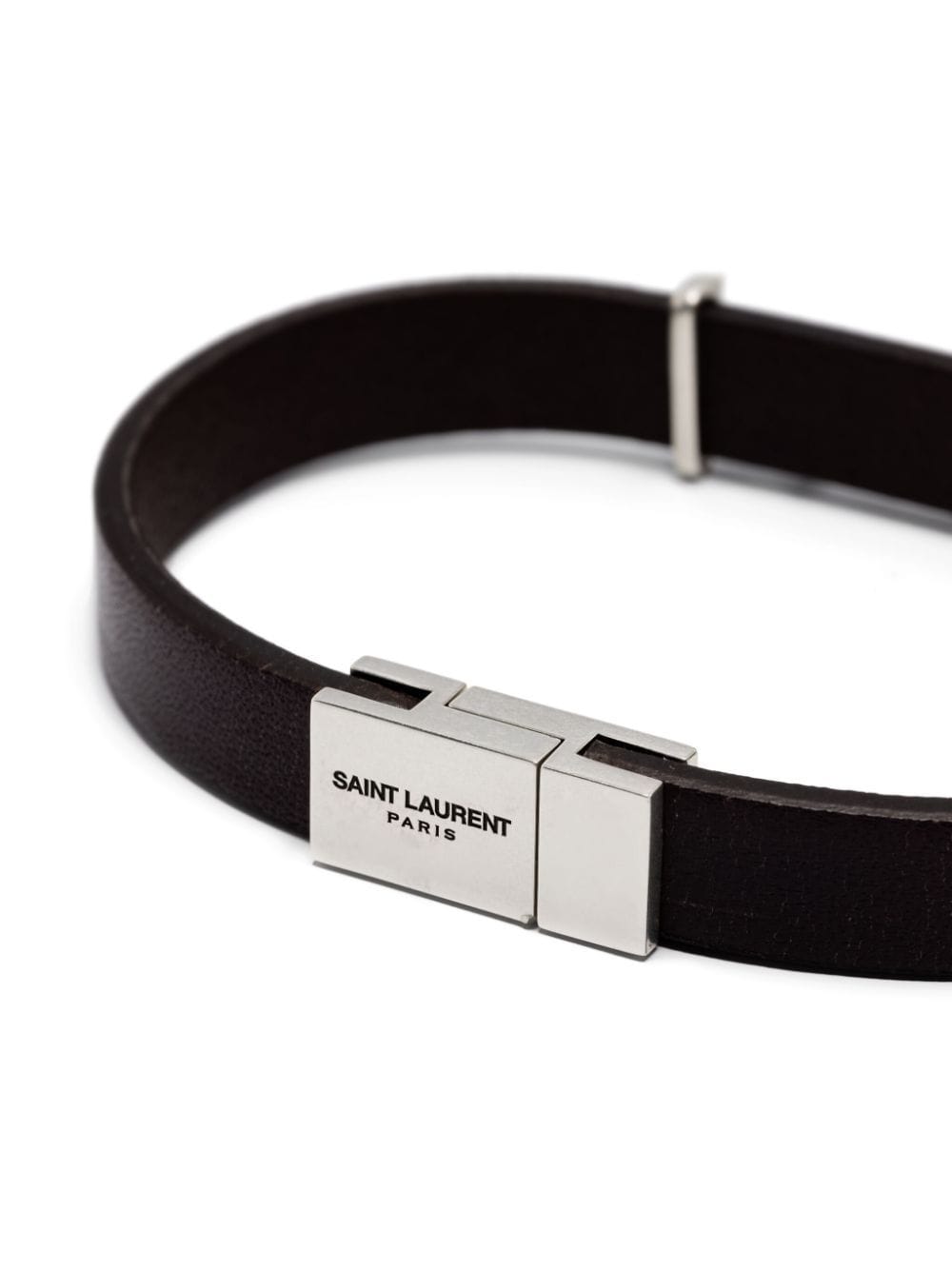 SAINT LAURENT Leather Bracelet with Sterling Silver Logo Plaque Closure