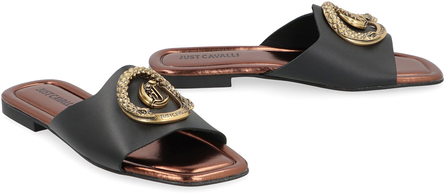 JUST CAVALLI Square Toeline Leather Slide Sandals for Women