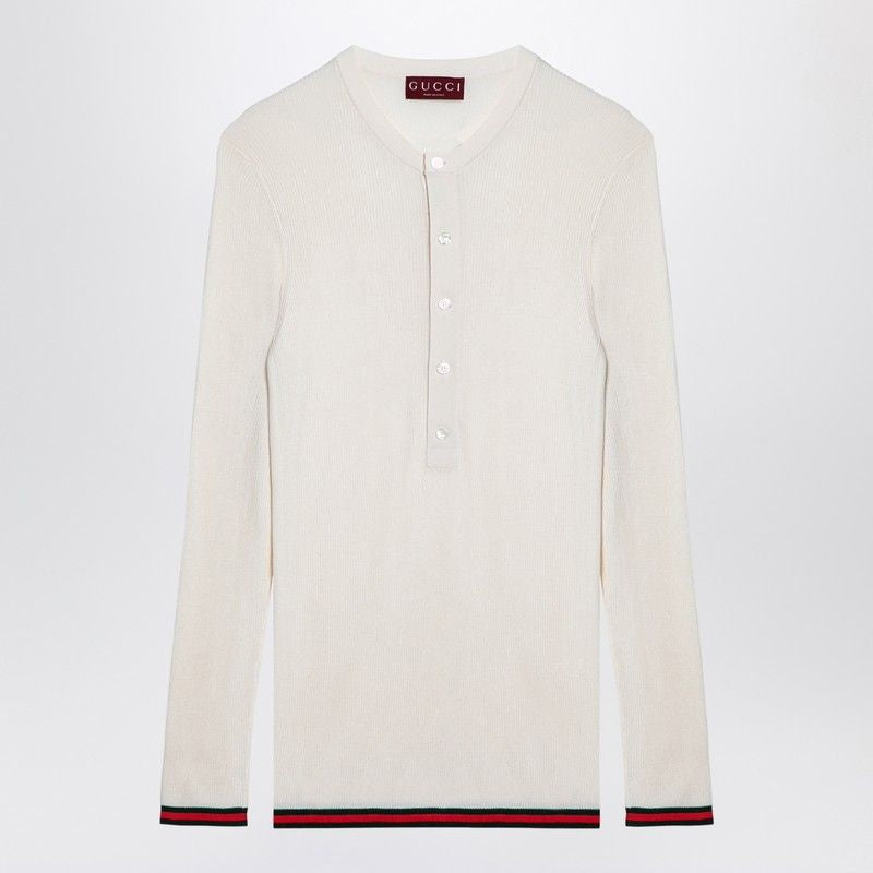 GUCCI Silk Crewneck T-Shirt with Web Ribbon Cuffs and Hem