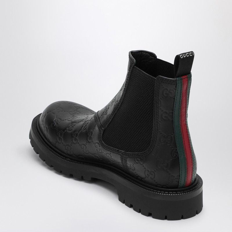 GUCCI Men's Leather Ankle Boot with Web Detail