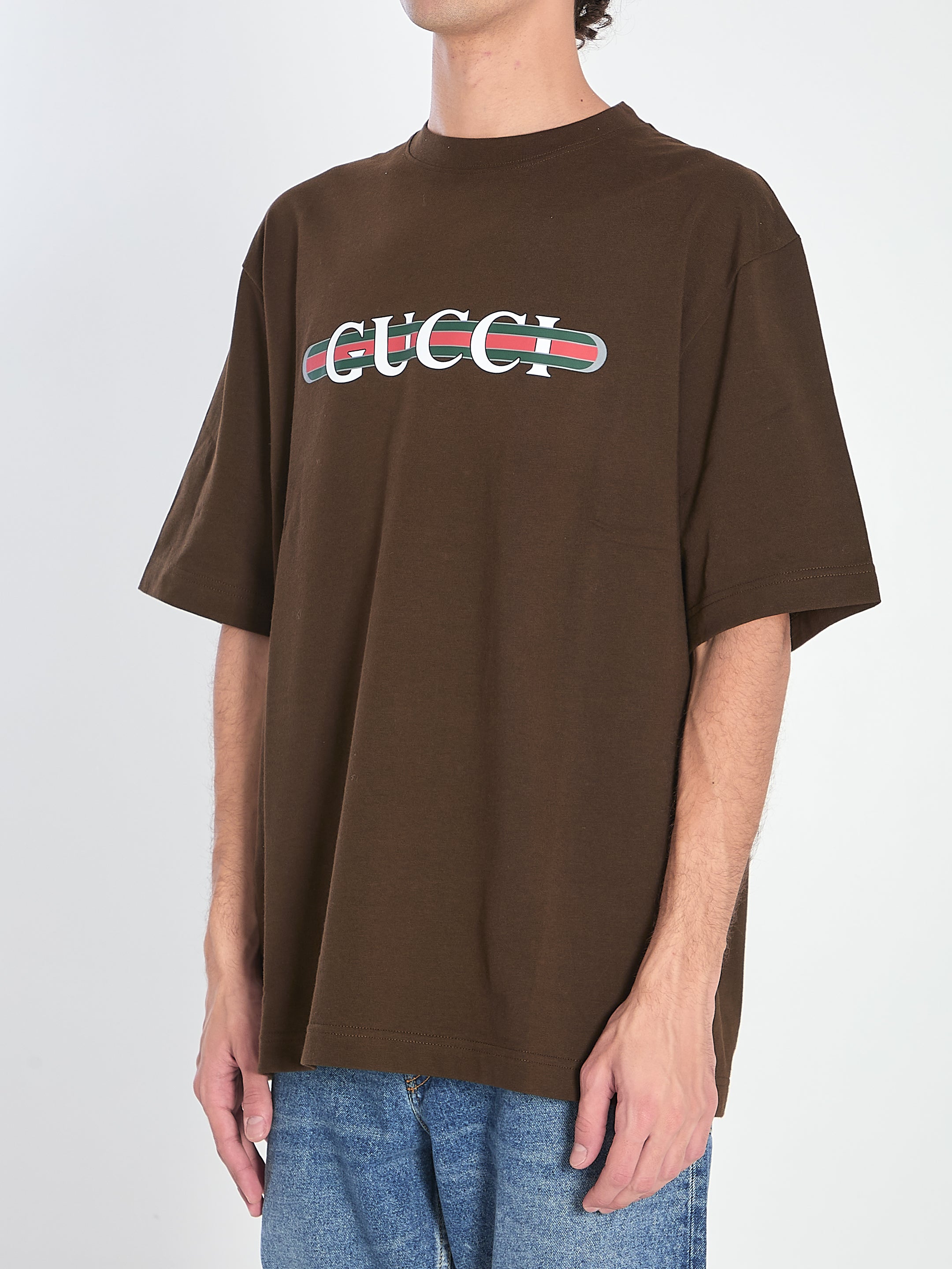 GUCCI Men's Logo Print T-Shirt with Contrast Web Ribbon