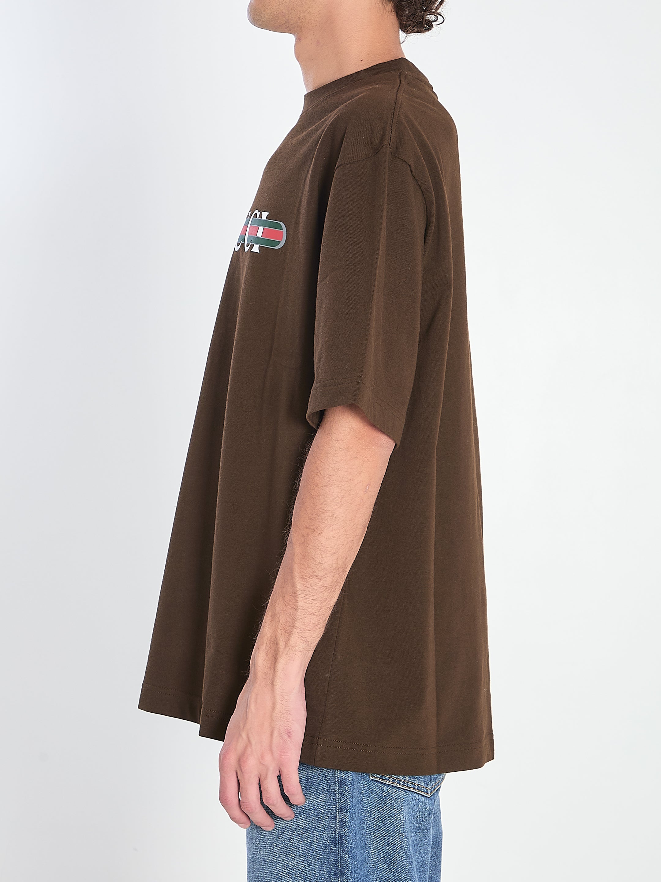 GUCCI Men's Logo Print T-Shirt with Contrast Web Ribbon