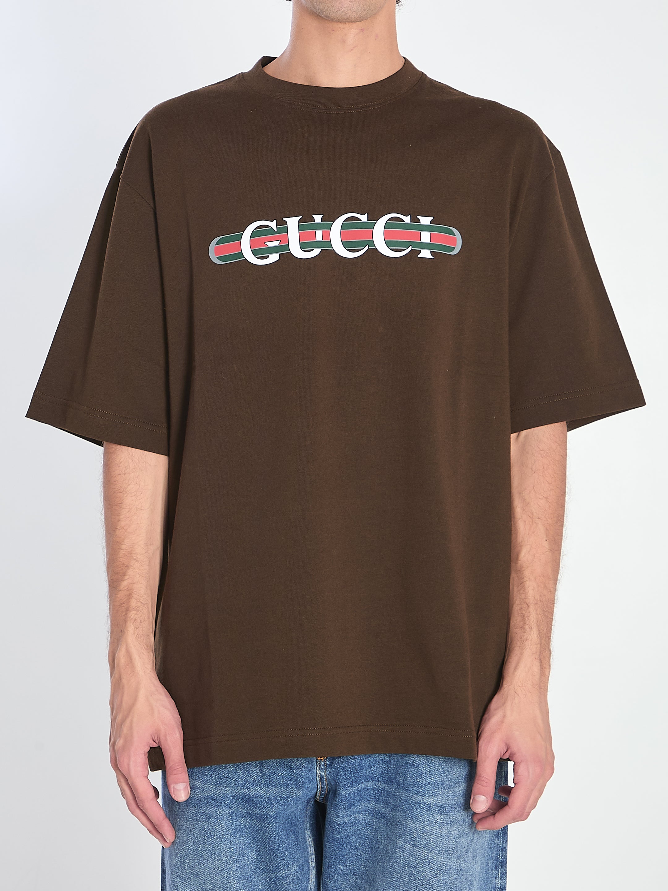GUCCI Men's Logo Print T-Shirt with Contrast Web Ribbon