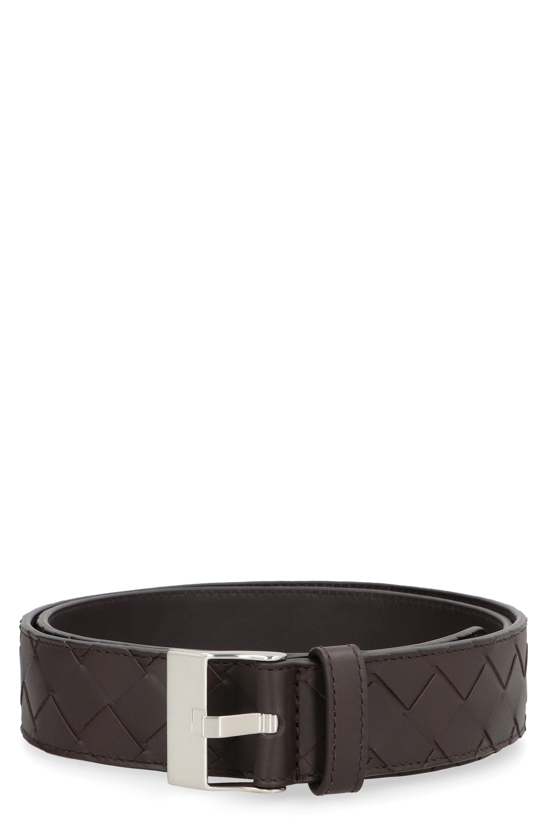 BOTTEGA VENETA Intrecciato Leather Belt with Silver-Tone Buckle - 3.5 cm Width