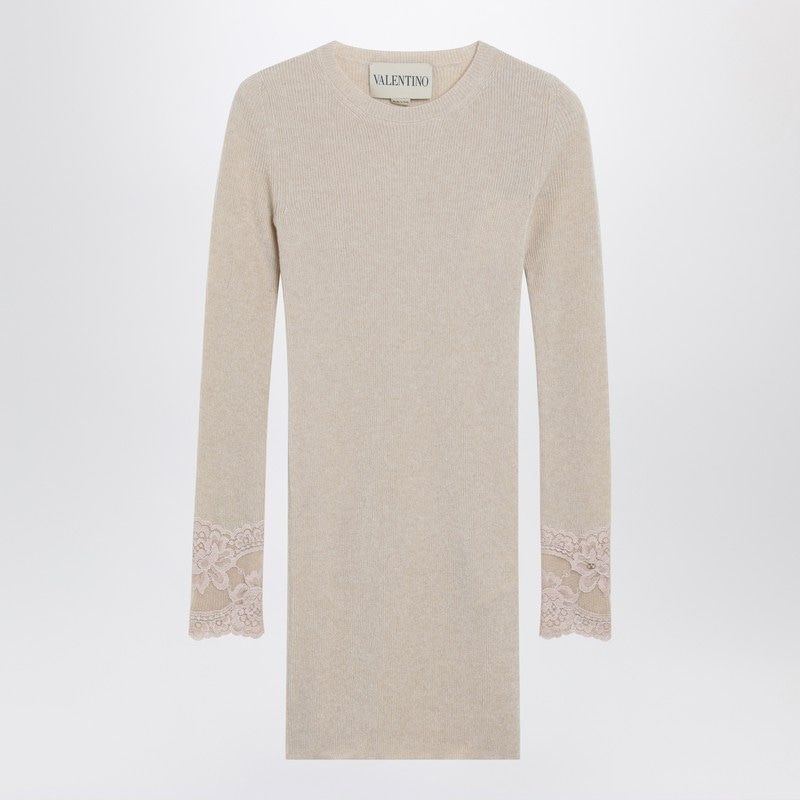 VALENTINO Crewneck Cashmere Sweater with Lace-Embroidered Cuffs - Women