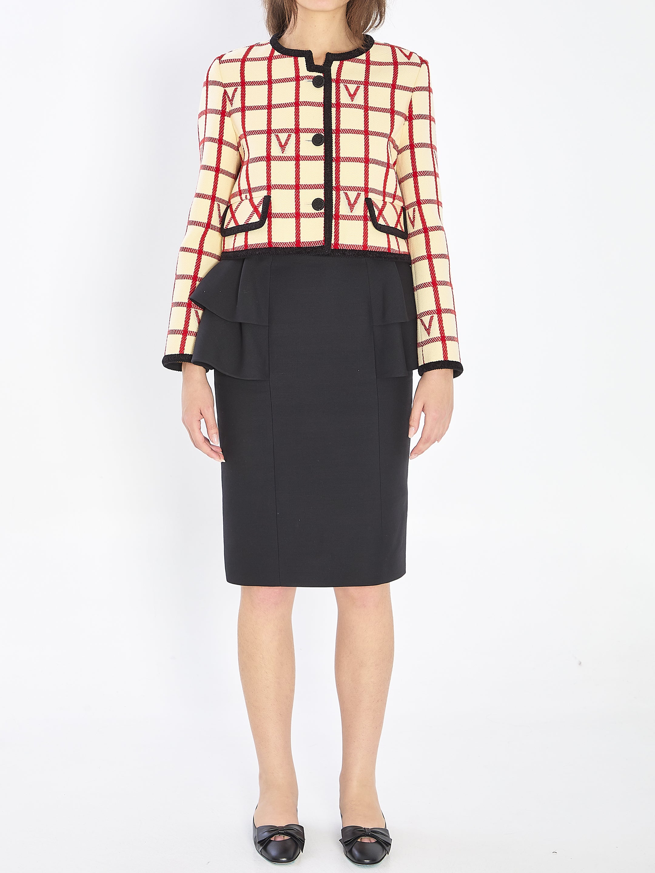 VALENTINO GARAVANI Cropped Wool-Cotton Blend Jacket with Contrast Trim Size 40 IT