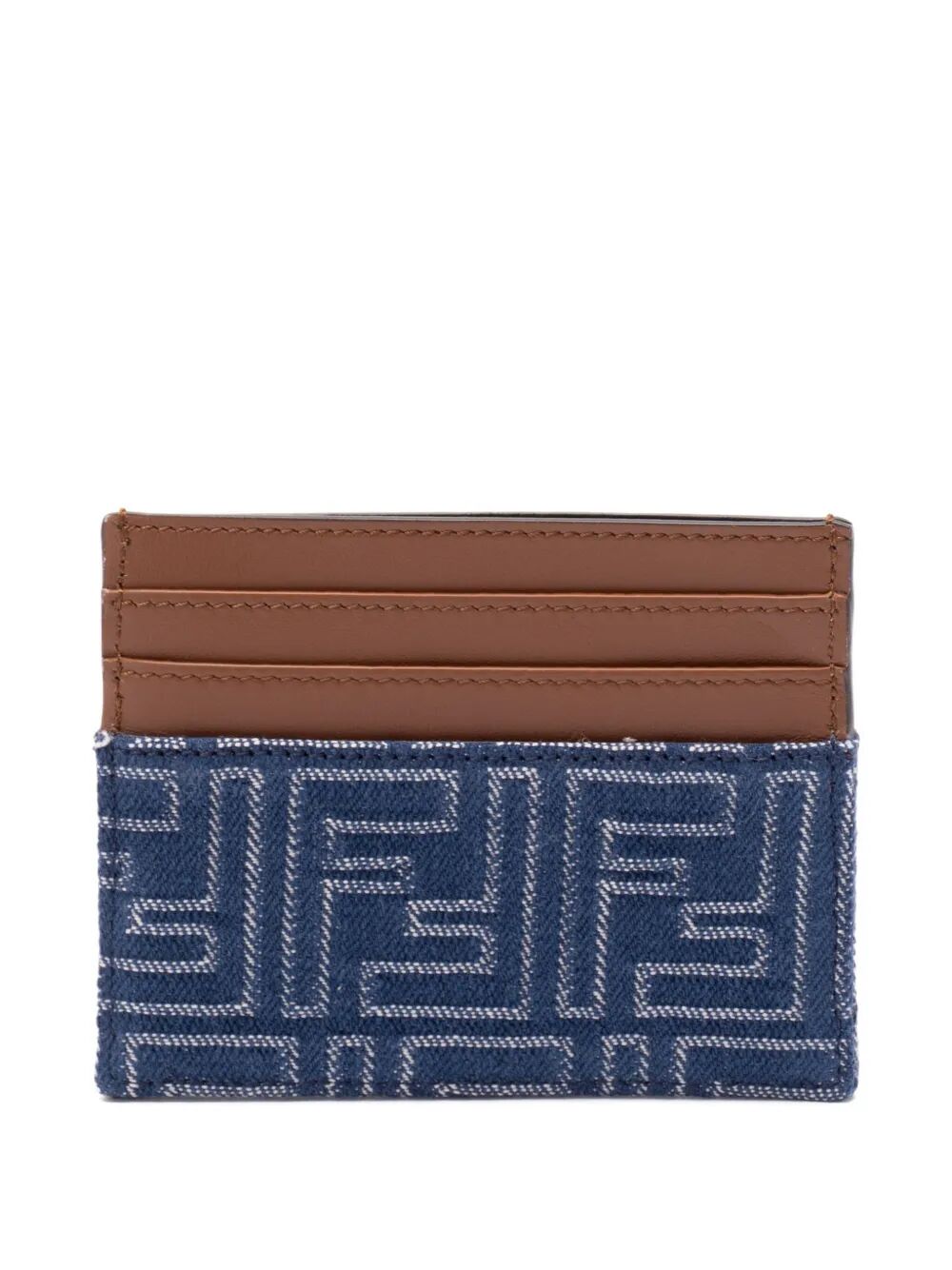 FENDI Denim Effect FF Jacquard Card Holder with Brown Leather Insert