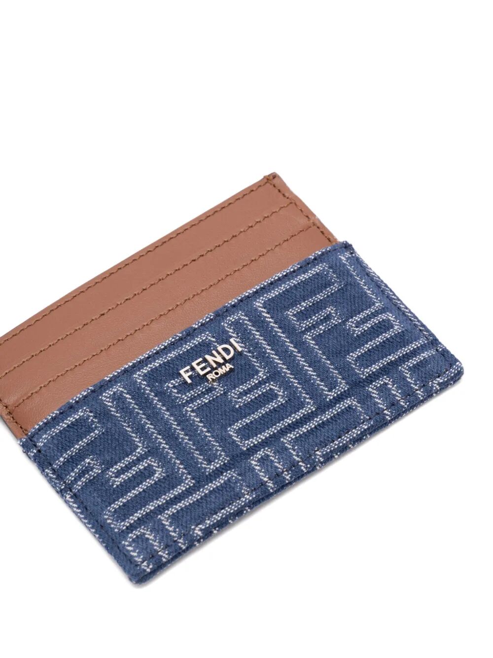 FENDI Denim Effect FF Jacquard Card Holder with Brown Leather Insert