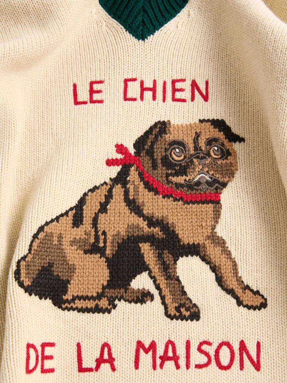 VALENTINO Butter-Colored V-Neck Sweater with Le Chien Embroidery