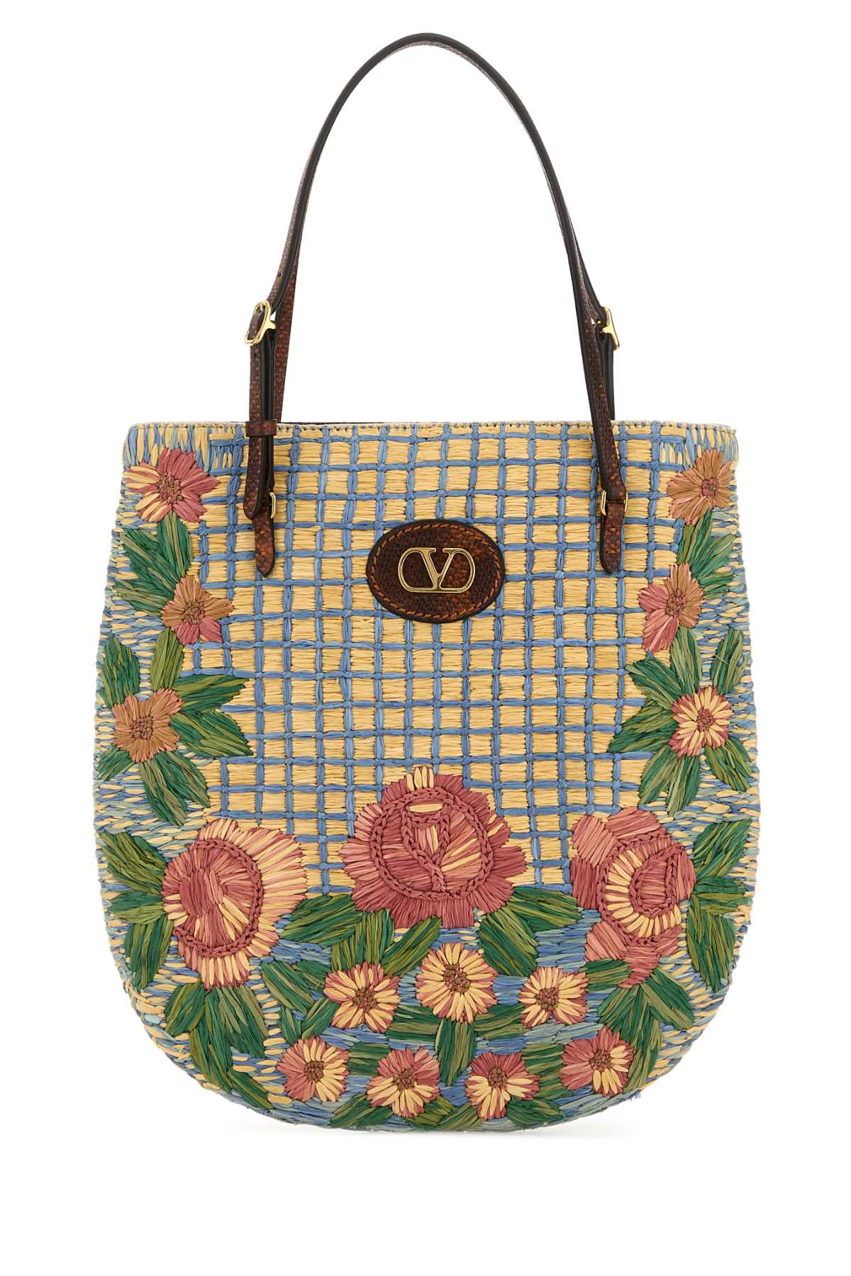 VALENTINO GARAVANI Embroidered Raffia Vlogo Signature Shoulder Tote Handbag