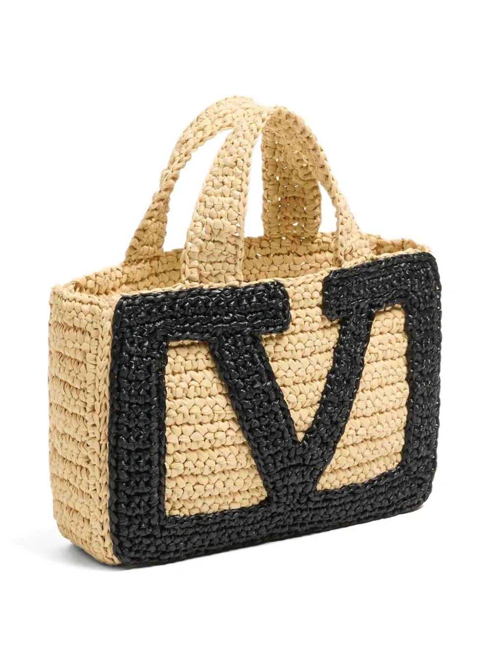 VALENTINO GARAVANI Mini Woven Raffia Handbag with Oversized Logo Design
