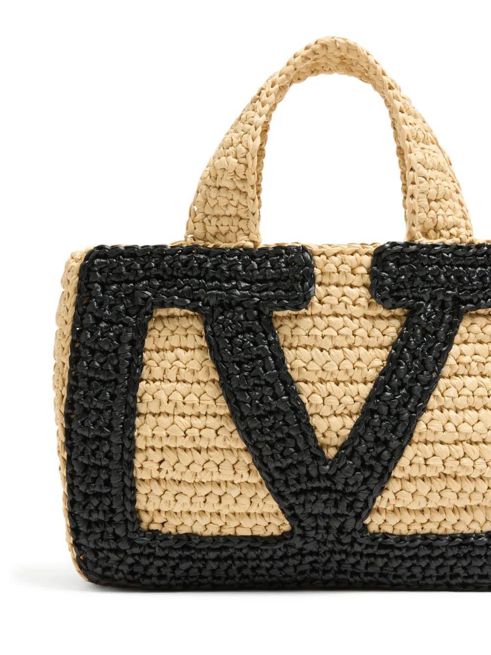 VALENTINO GARAVANI Mini Woven Raffia Handbag with Oversized Logo Design