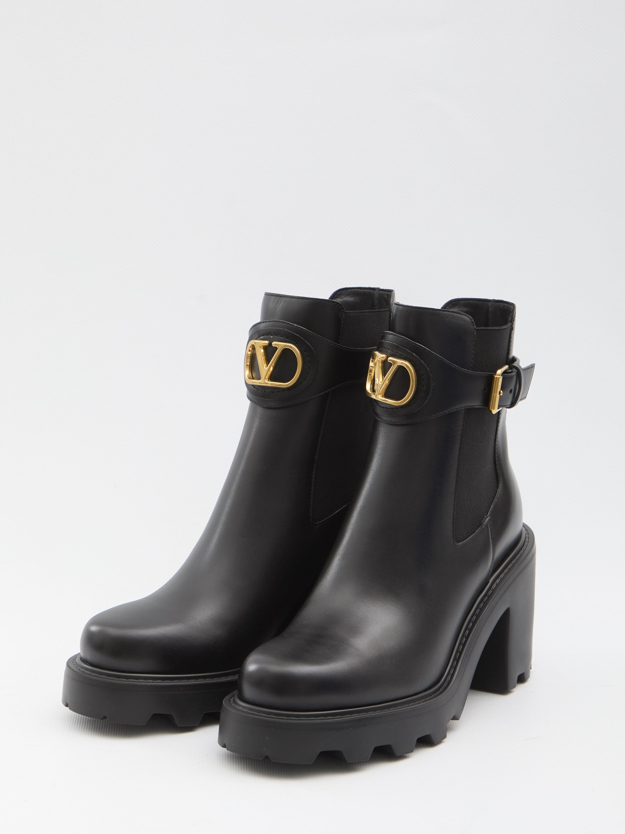 VALENTINO GARAVANI Signature Logo Ankle Boots with Adjustable Strap and Lug Sole - 9 cm Heel Height