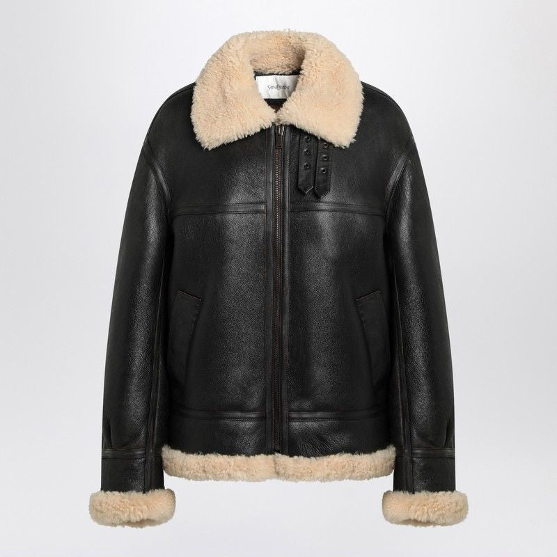 SAINT LAURENT Shearling Trim Leather Jacket for Women