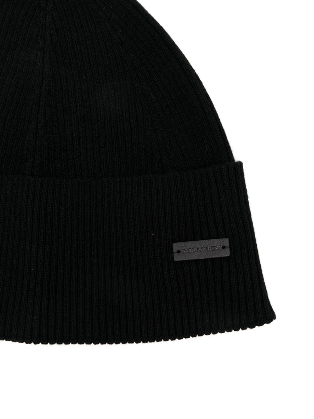 SAINT LAURENT Luxury Cashmere Ribbed Knit Hat with Logo Patch for Men