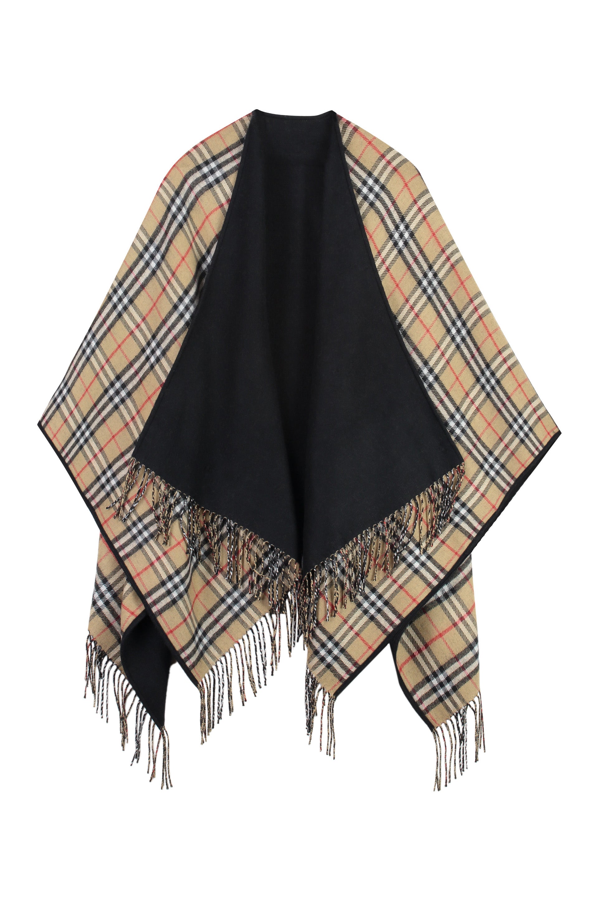 BURBERRY Wool Cape with Check Pattern and Fringe Details