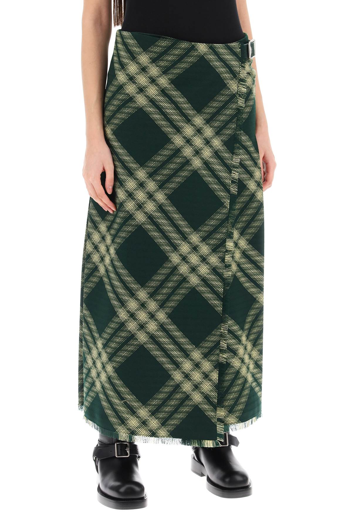 BURBERRY Wool Midi Skirt with Frayed Edge and Side Buckle Fastening