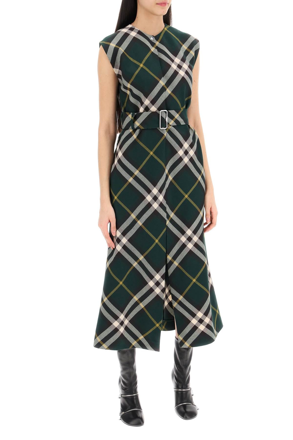 BURBERRY Wool Check Motif Midi Dress