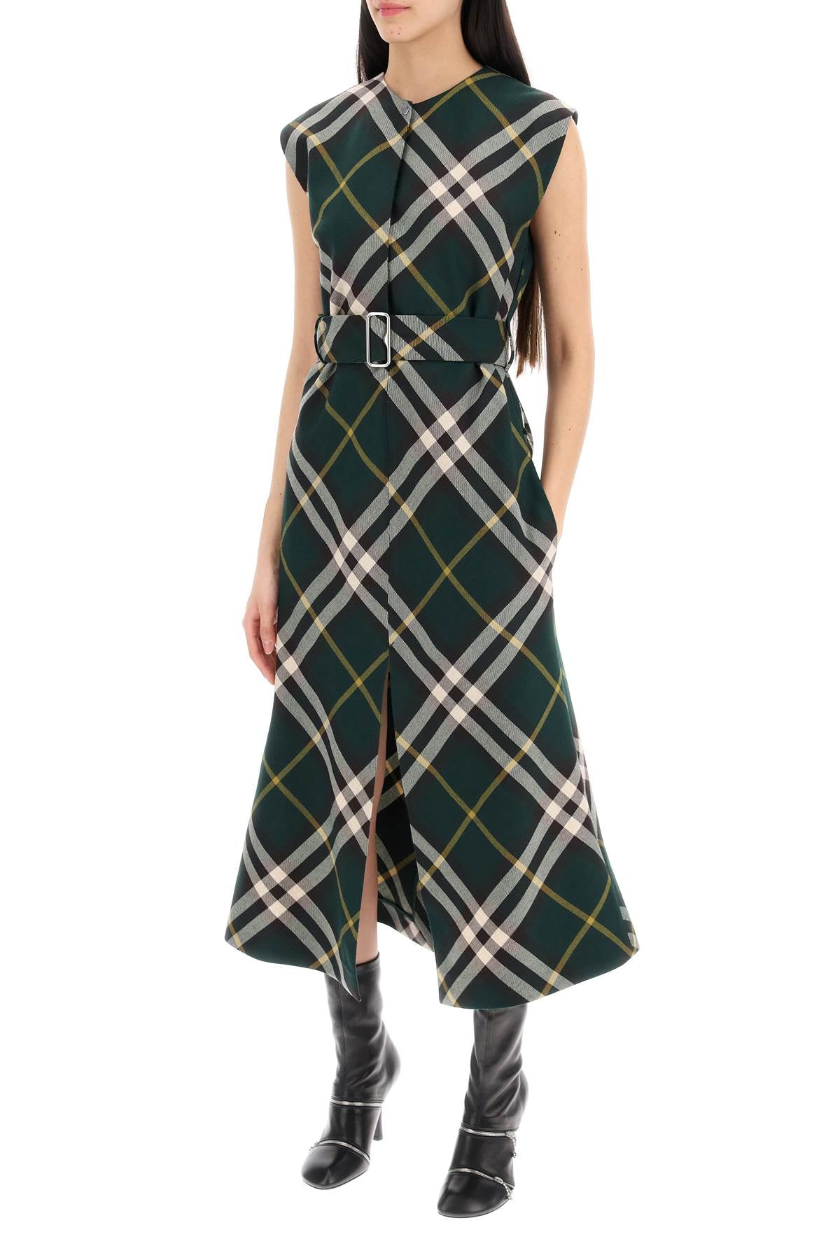 BURBERRY Wool Check Motif Midi Dress