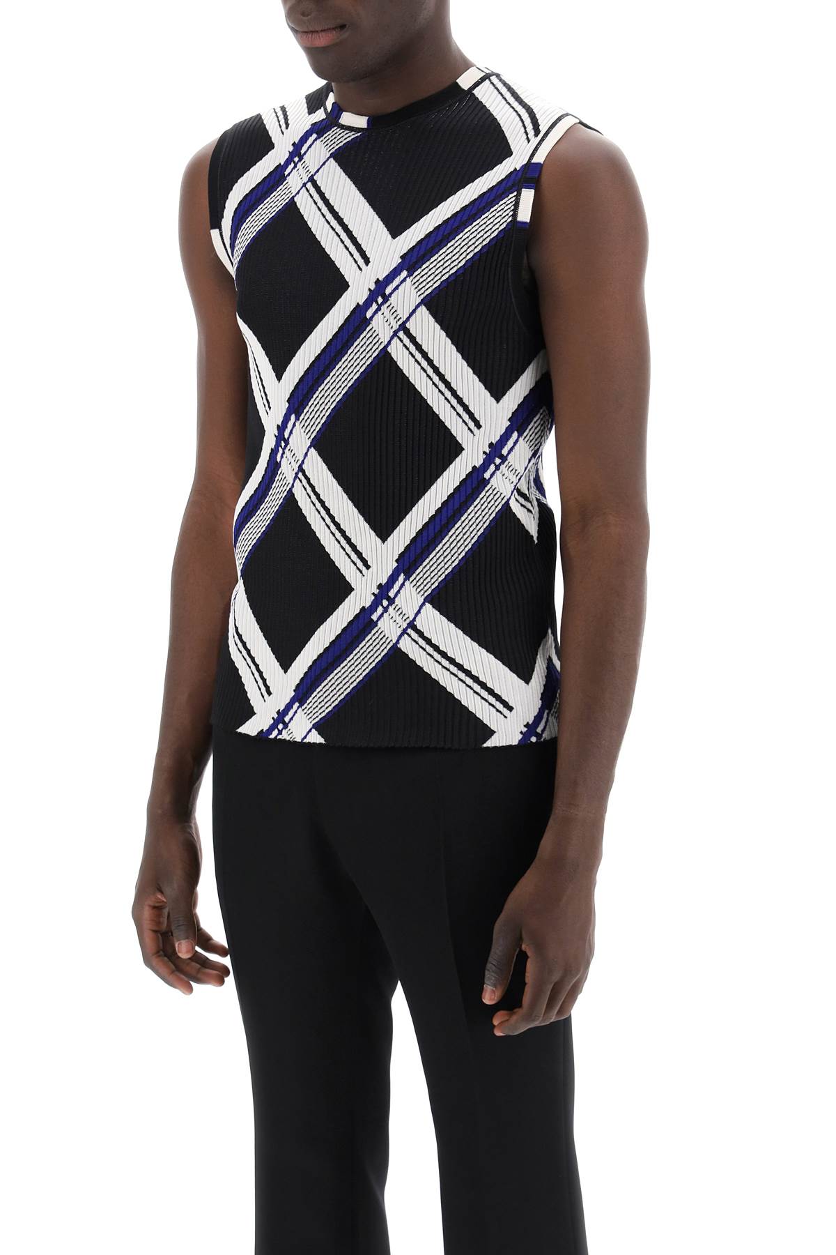 BURBERRY Silk Ribbed Knit Patterned Jacquard Round Neck Sleeveless Top