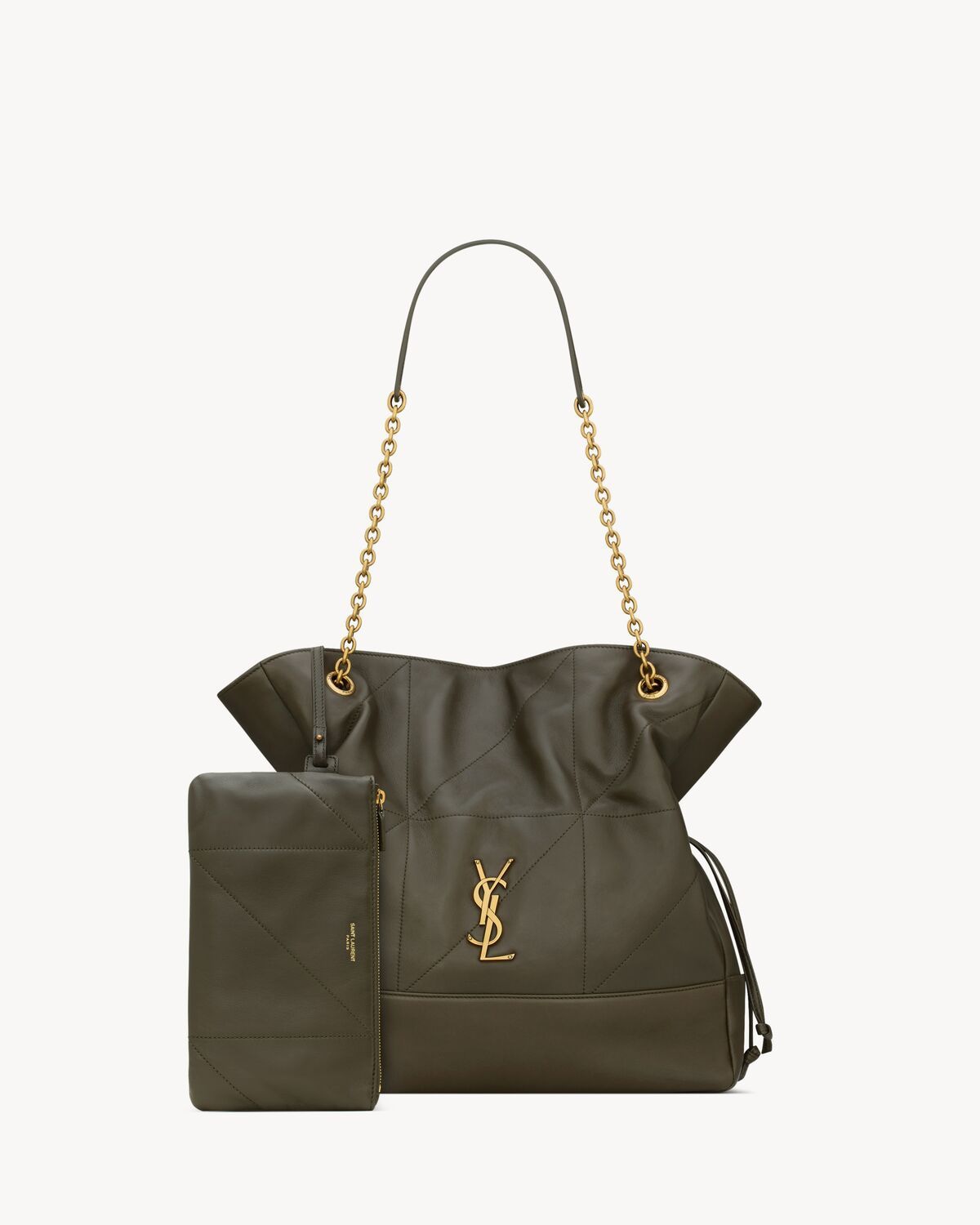 SAINT LAURENT Leather Shopping Handbag with Gold Accent and Chain Strap