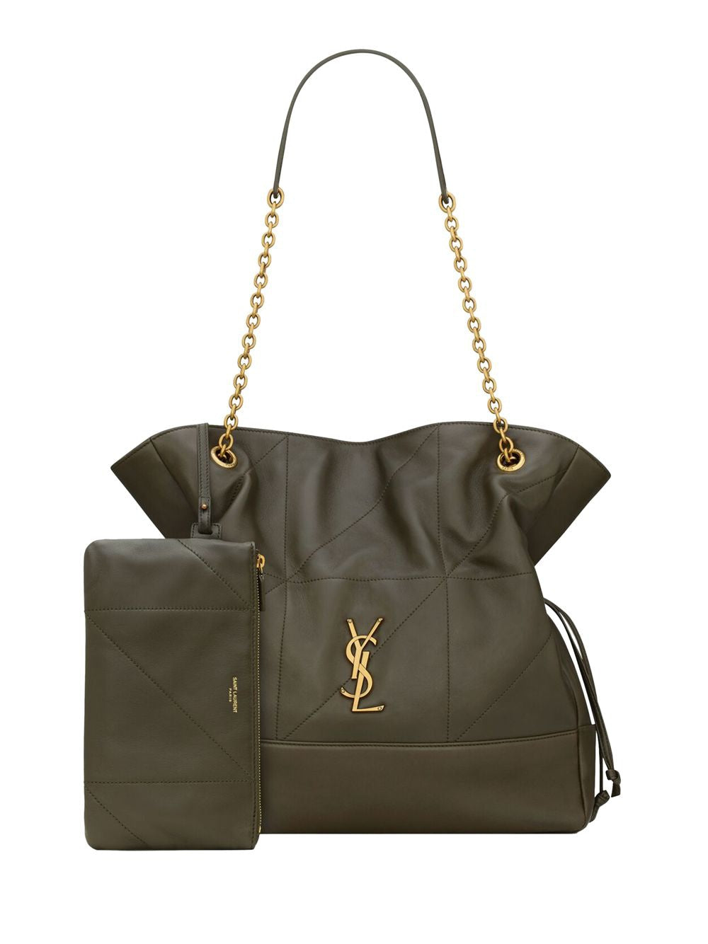 SAINT LAURENT Leather Shopping Handbag with Gold Accent and Chain Strap