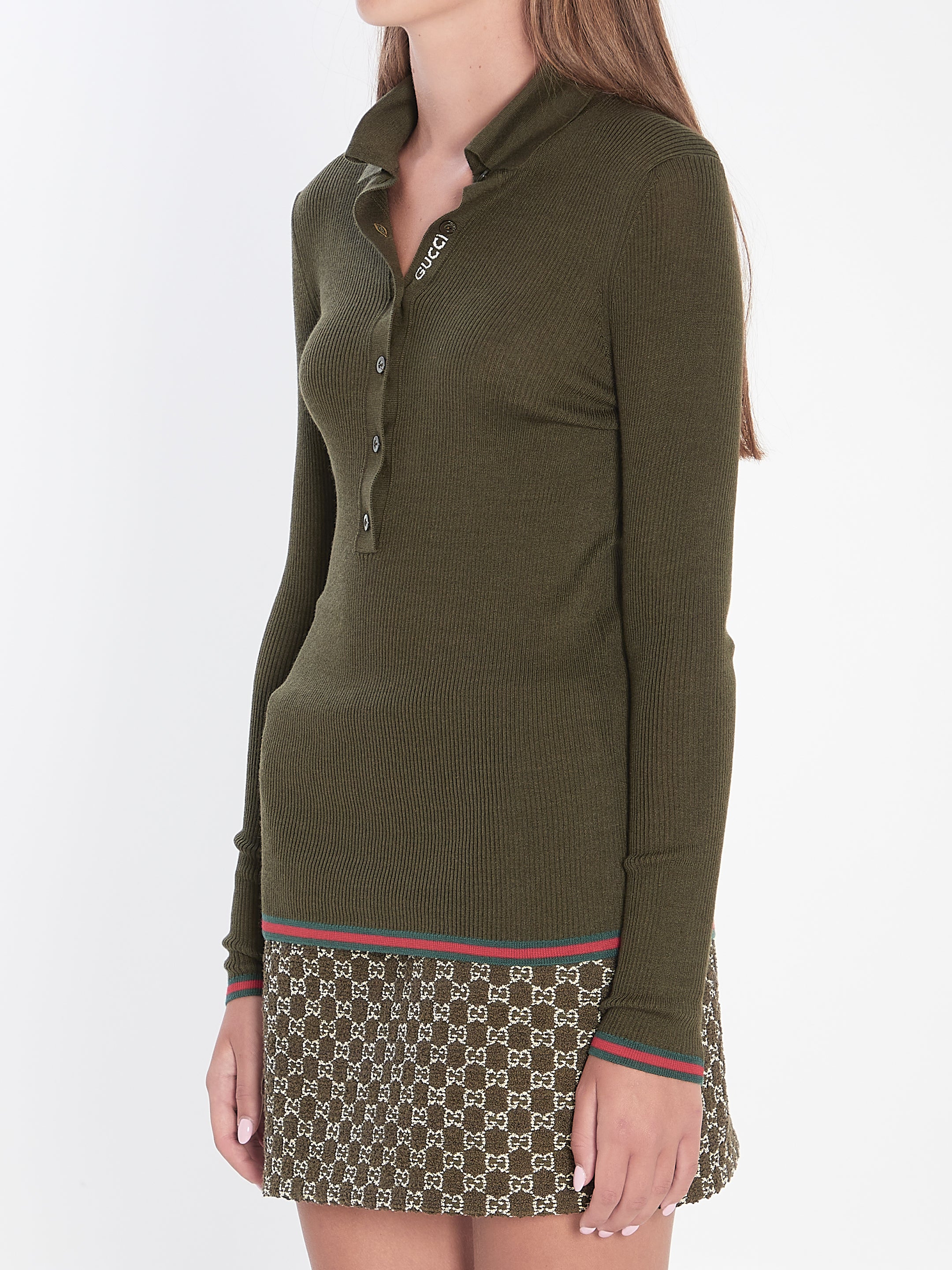 GUCCI Ribbed Knit Long Sleeve Polo Top - Women's Size S