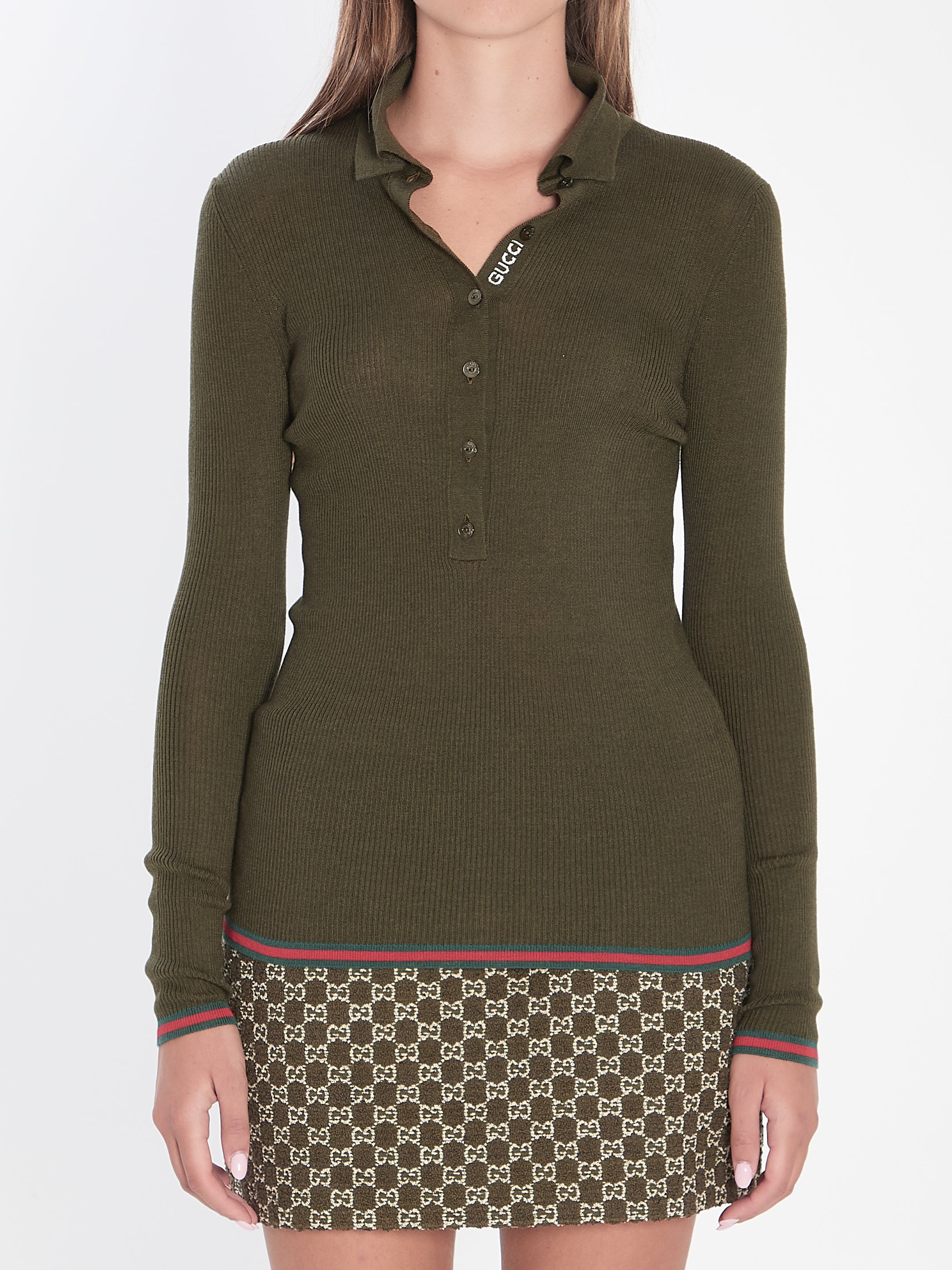 GUCCI Military Green Cashmere & Silk Long Sleeve Polo