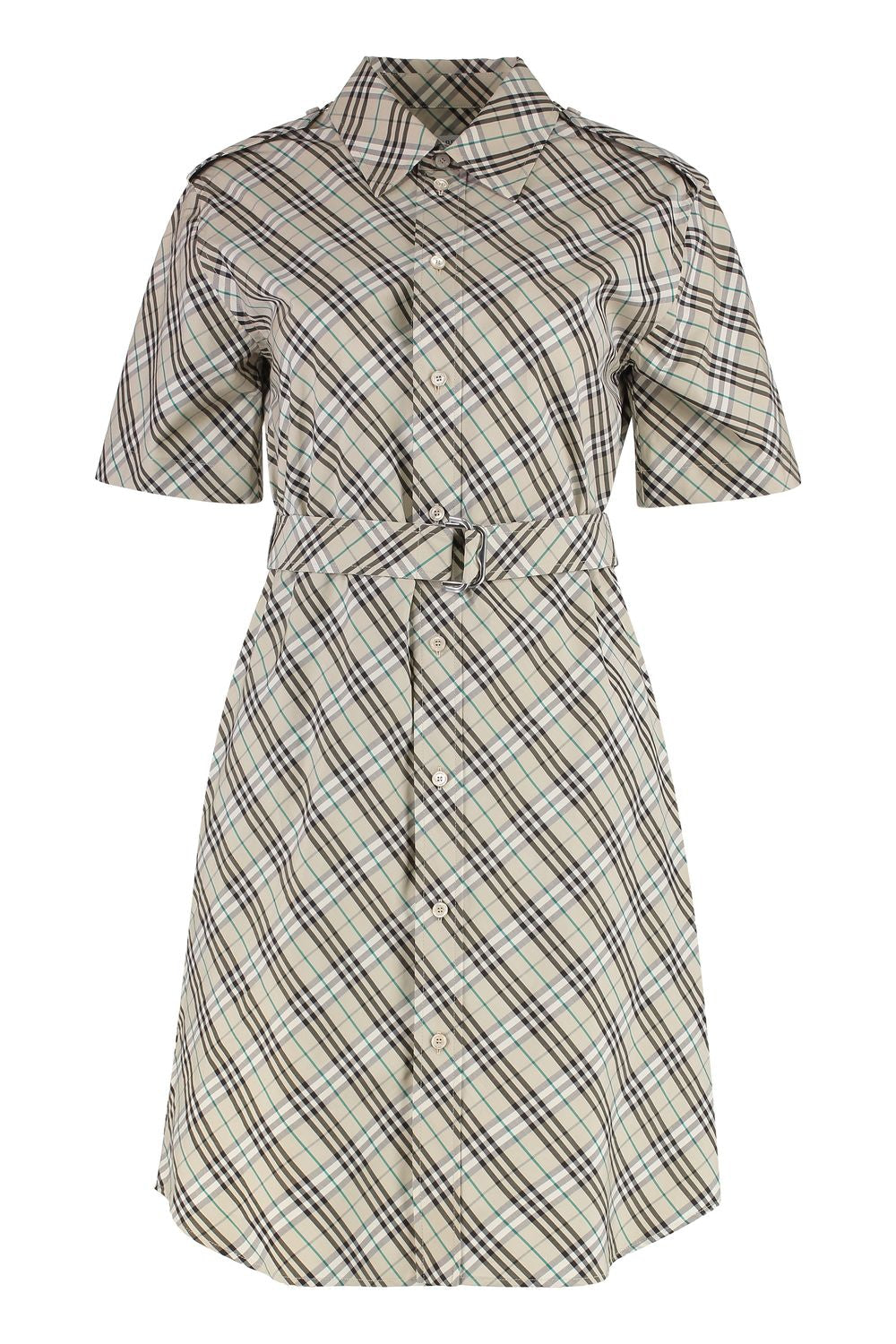 BURBERRY Cotton Shirtdress with Check Motif and Coordinated Waist Belt