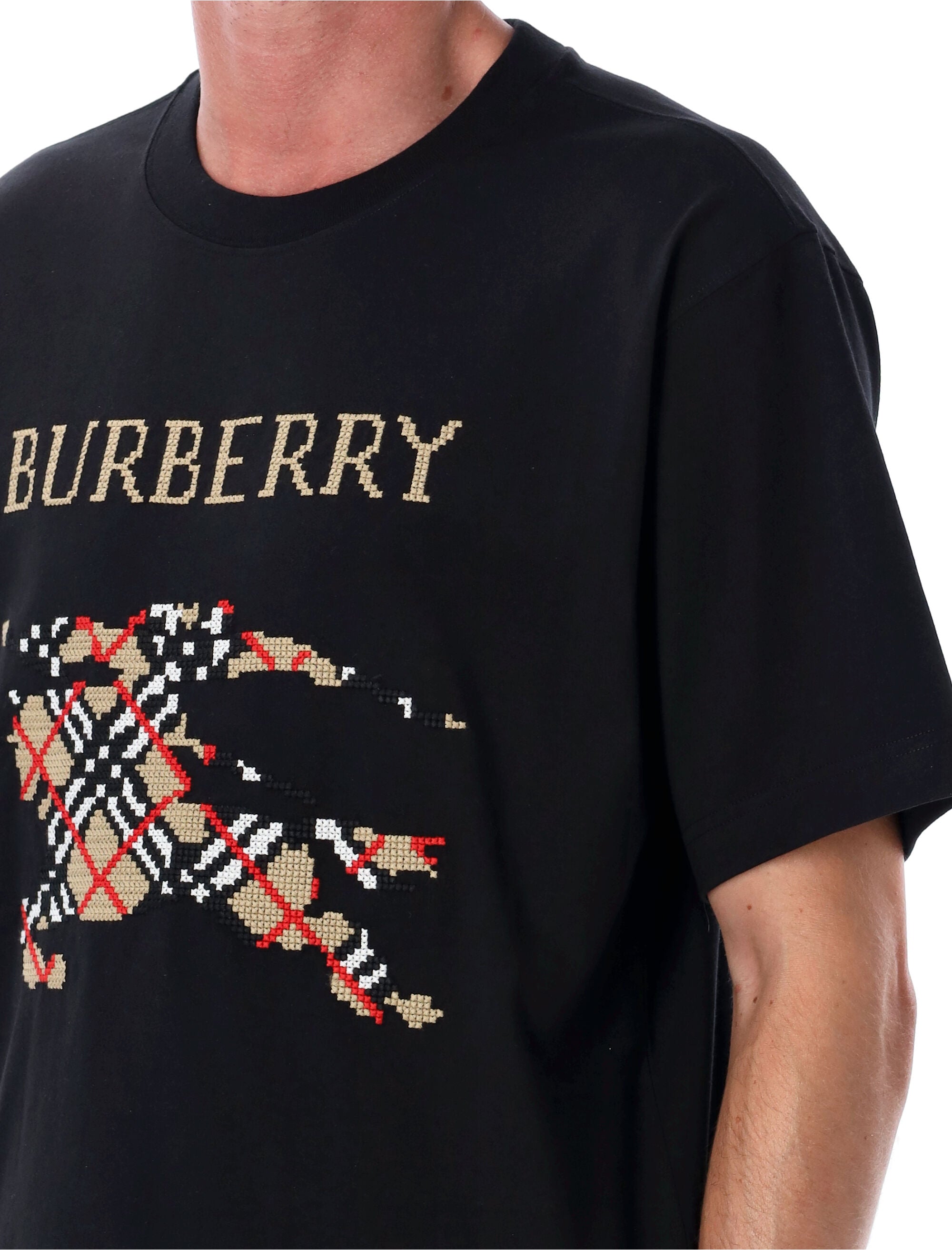 BURBERRY Cotton Crew Neck T-Shirt with Cross Stitch Design - Size M