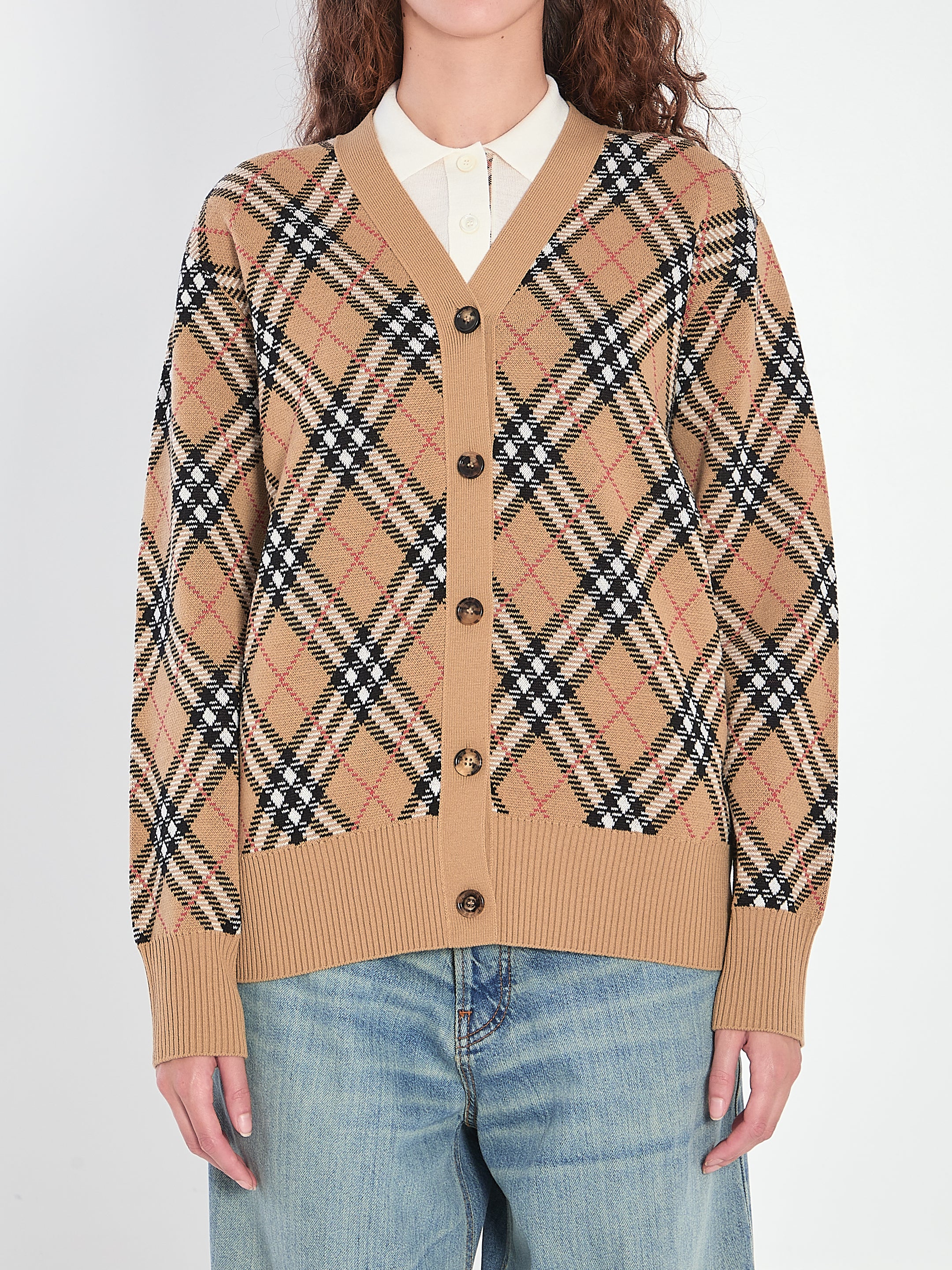 BURBERRY Wool Blend Check Cardigan - Size S