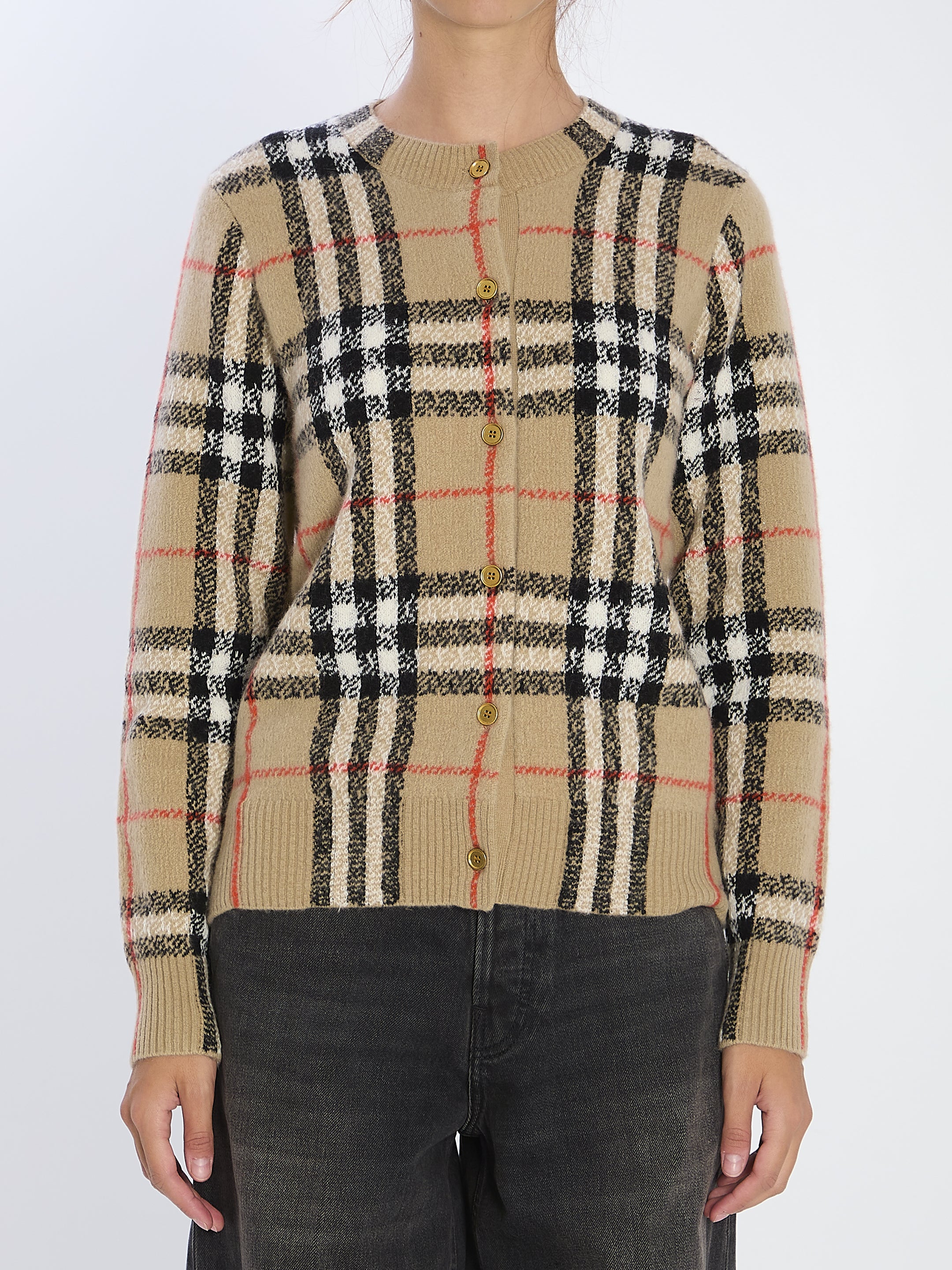 BURBERRY Check Pattern Wool and Cashmere Cardigan - Size S