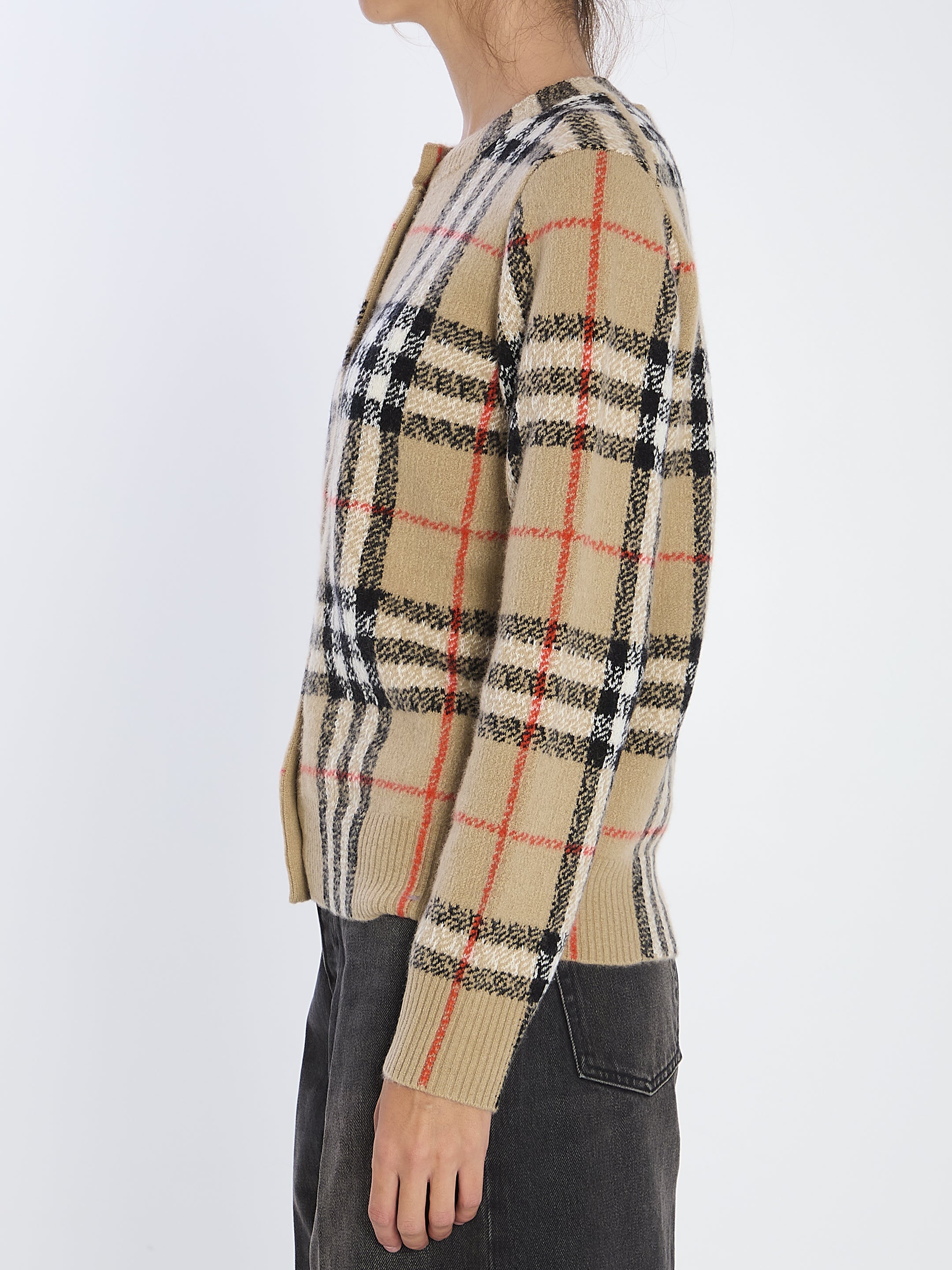 BURBERRY Check Pattern Wool and Cashmere Cardigan - Size S