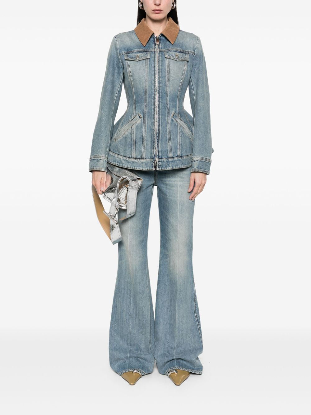 ALEXANDER MCQUEEN Washed Denim Jacket with Ruffles