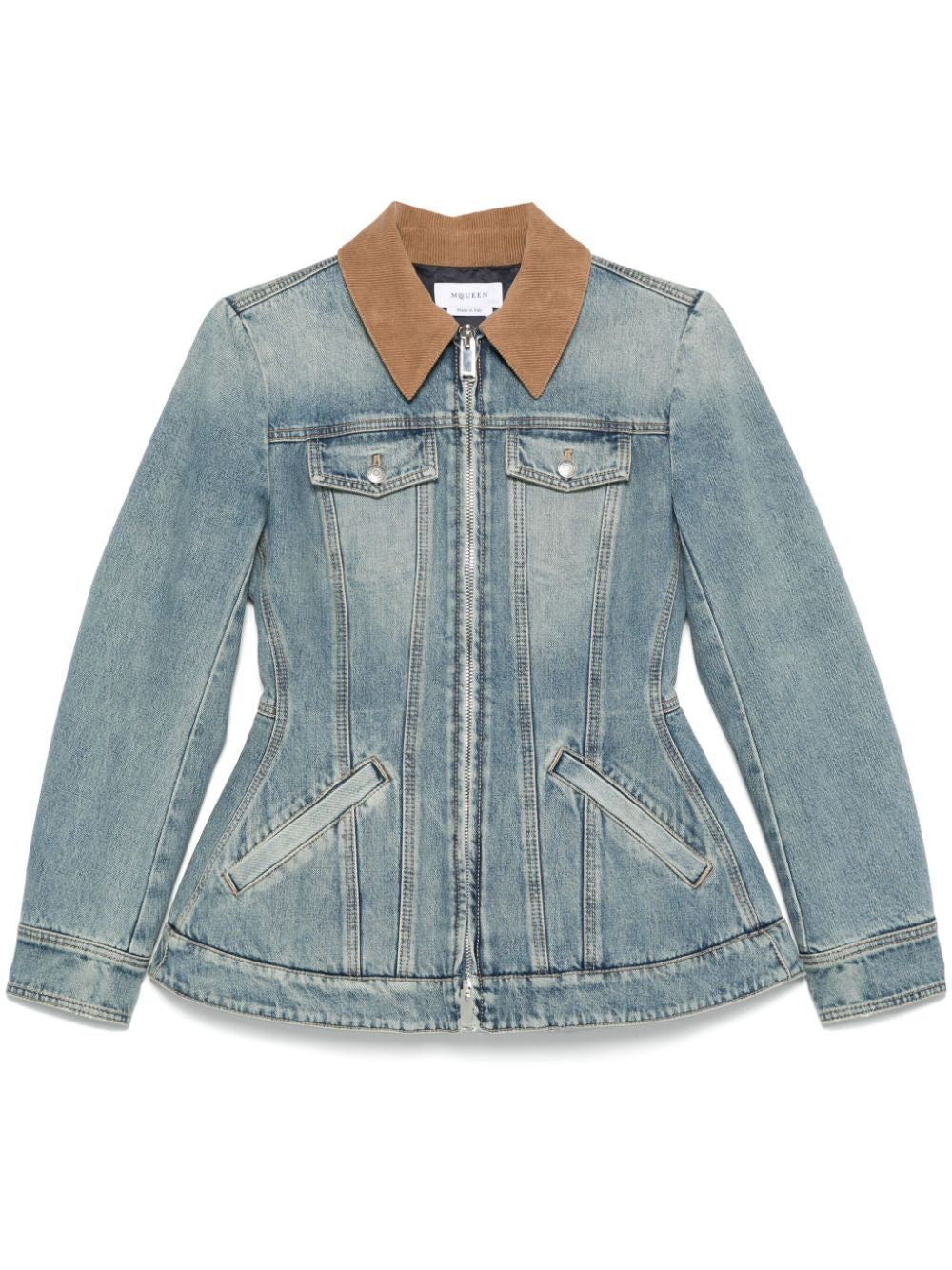 ALEXANDER MCQUEEN Washed Denim Jacket with Ruffles