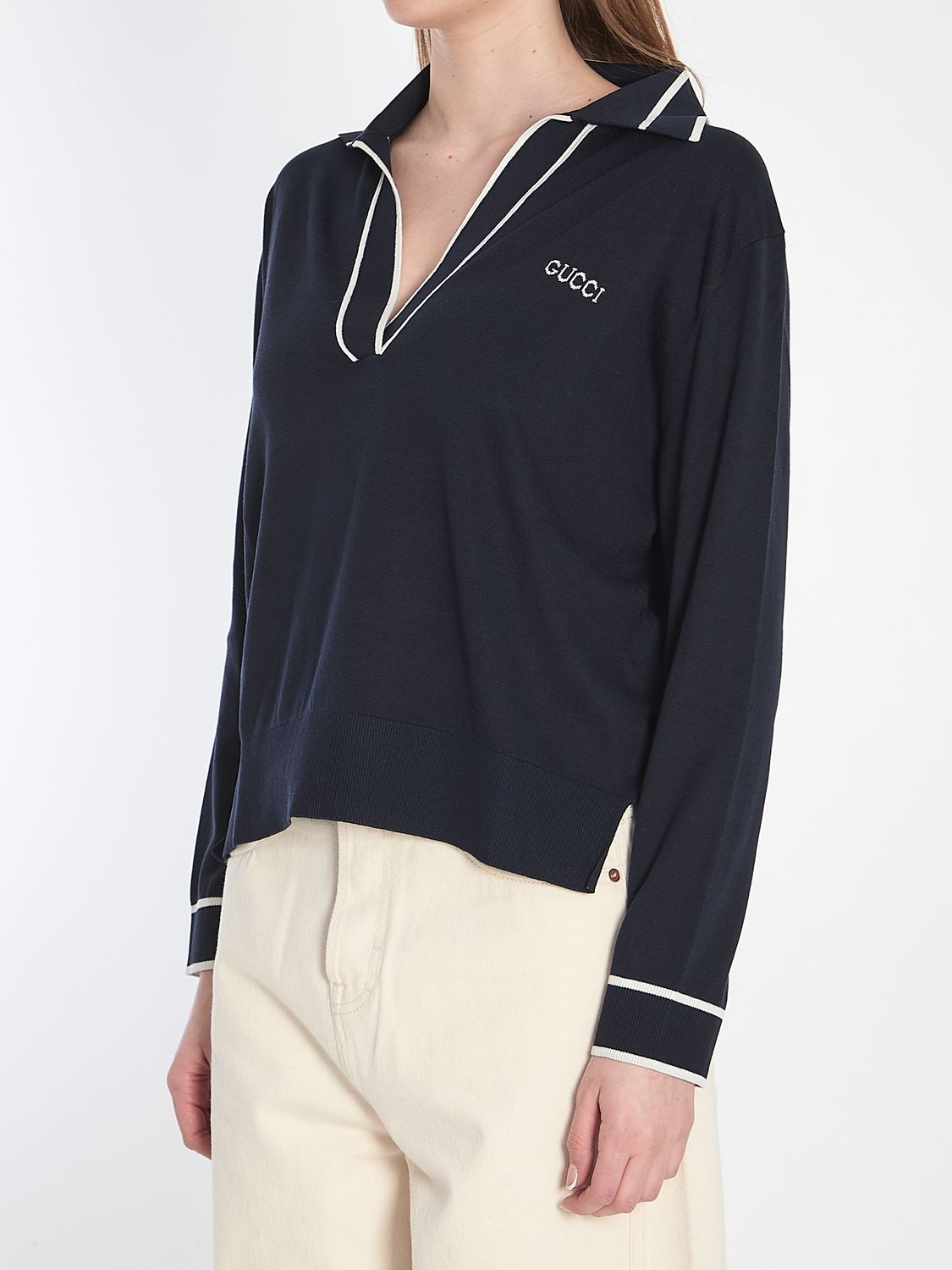 GUCCI Silk Blend Deep V-Neck Polo Shirt