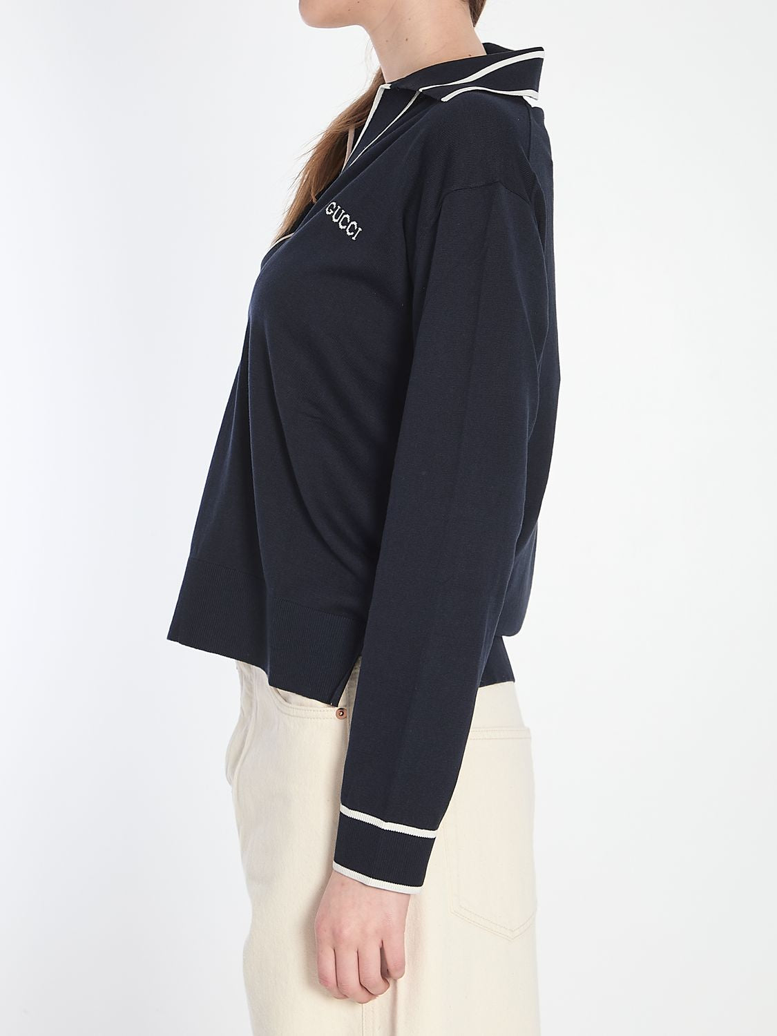 GUCCI Silk Blend Deep V-Neck Polo Shirt