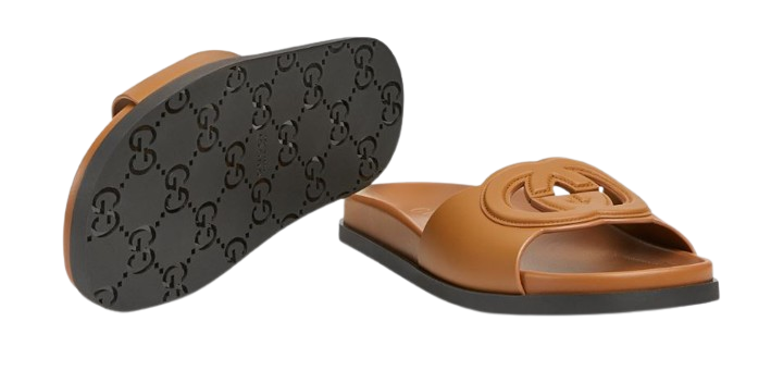 GUCCI Women's Leather Flat Sandals with Interlocking Detail