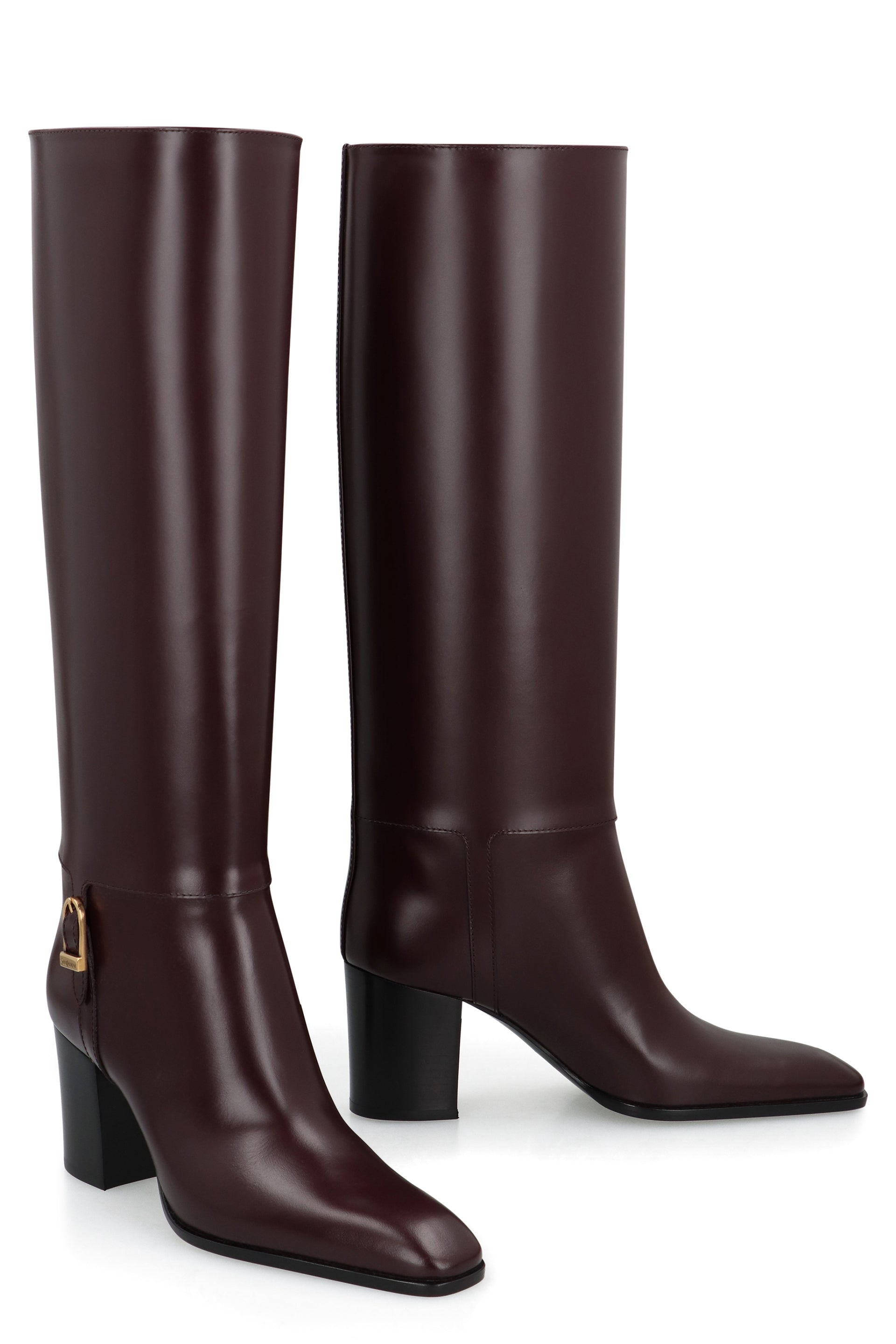 SAINT LAURENT High Ankle Leather Boots with Decorative Buckle