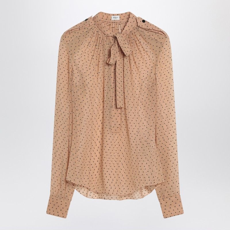 SAINT LAURENT Silk Blend Polka Dot Blouse with Bow and Epaulets for Women