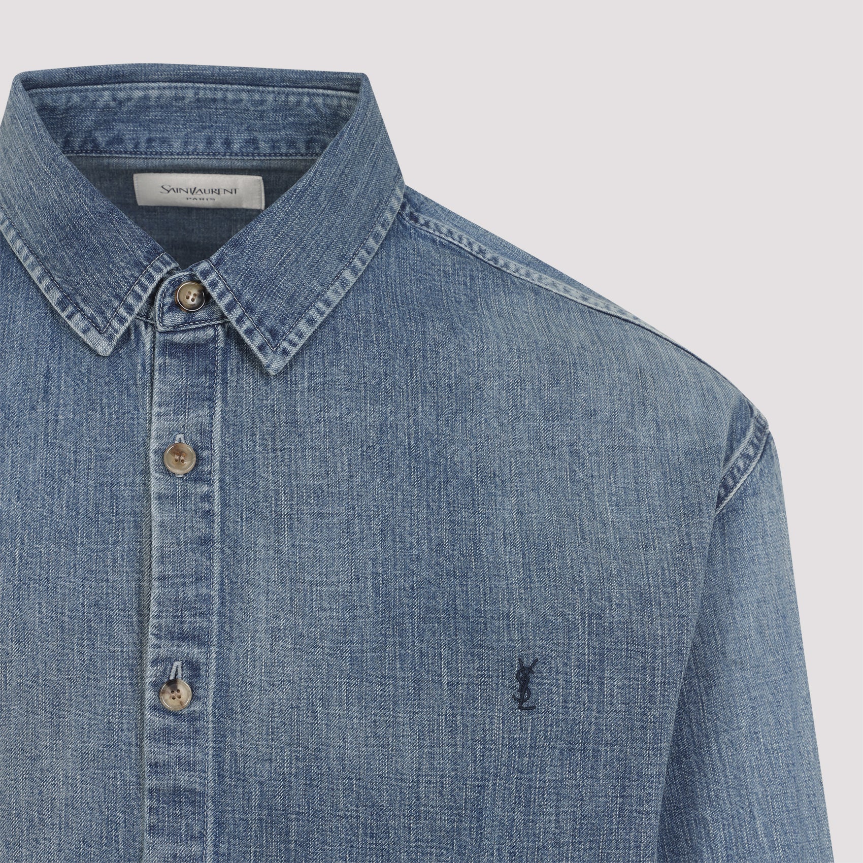 SAINT LAURENT Cassandre Rounded Hem Denim Shirt for Men