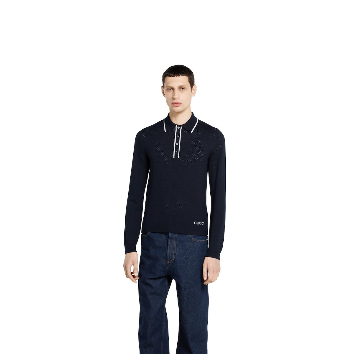 GUCCI Men's Long Sleeve Wool Polo